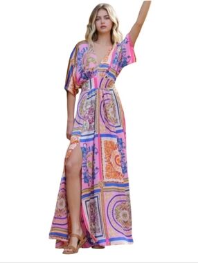 Aakaa Pink Patchwork Boho Kimono Sleeve V-Neck Scarf Print Maxi Dress Size S NEW